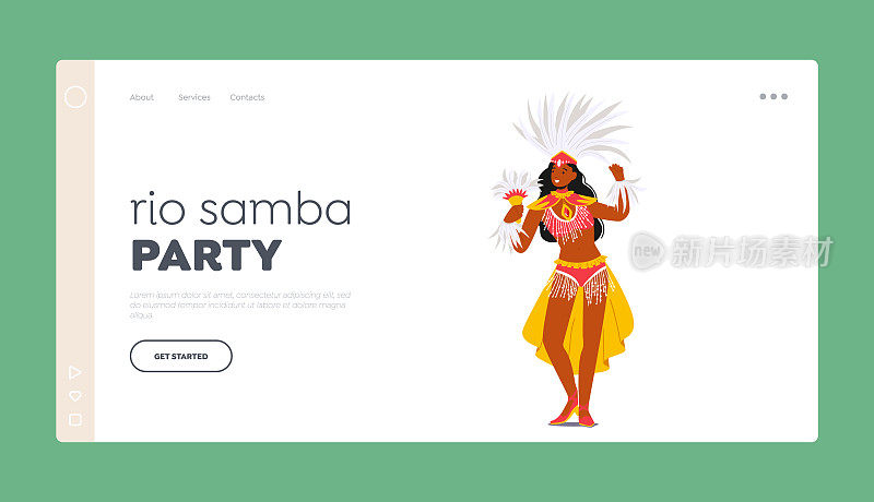 里约热内卢Samba Party登录页面模板。女孩穿着节日服装与羽毛在里约热内卢里约热内卢节跳舞